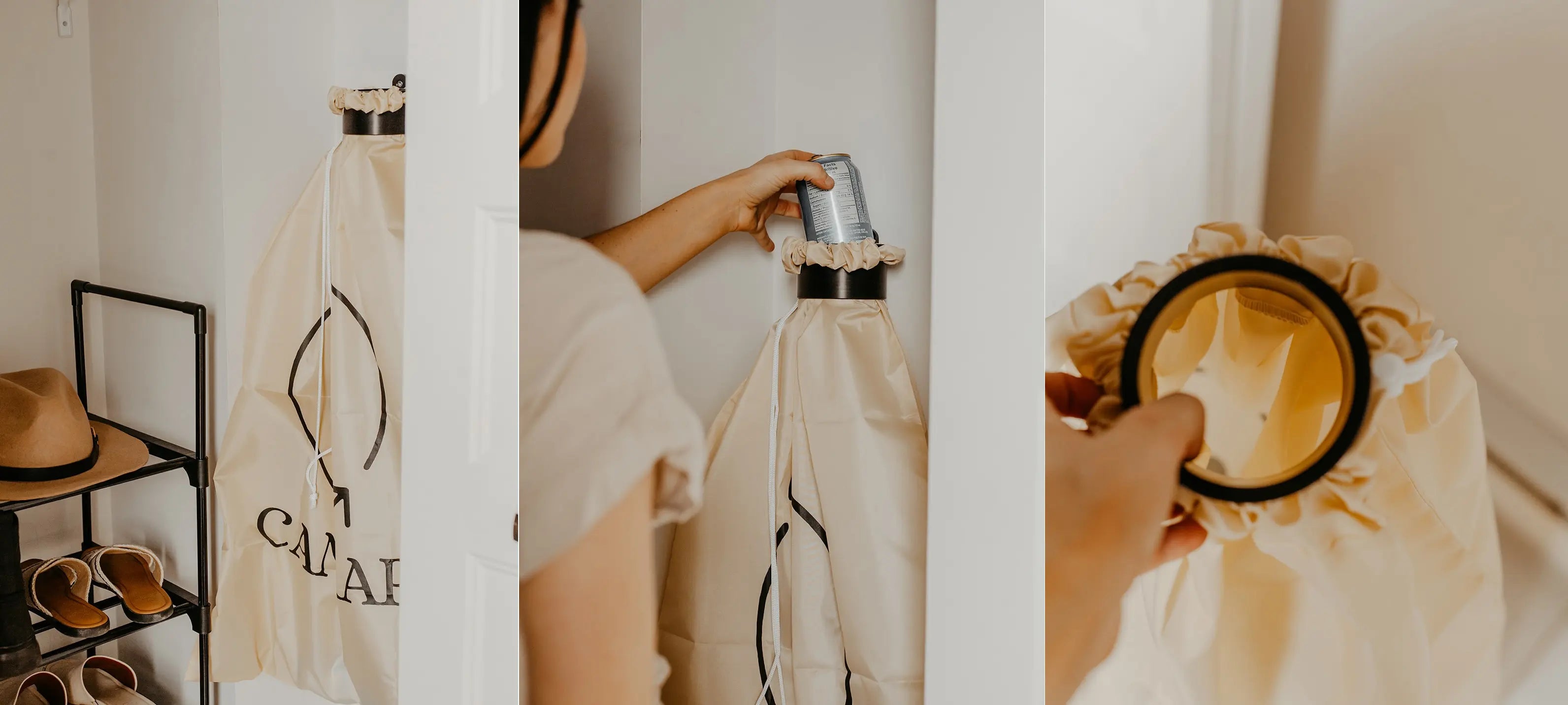 Trois photos du système CANTRAP, le sac pour canettes consignées réutilisable.